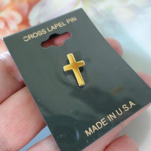 Vintage Cross Lapel Pin On Original Card Made in USA New Old Stock Lapel Hat Tie Tack Tac Pin Small Size Gold Plated Metal Christian Cross