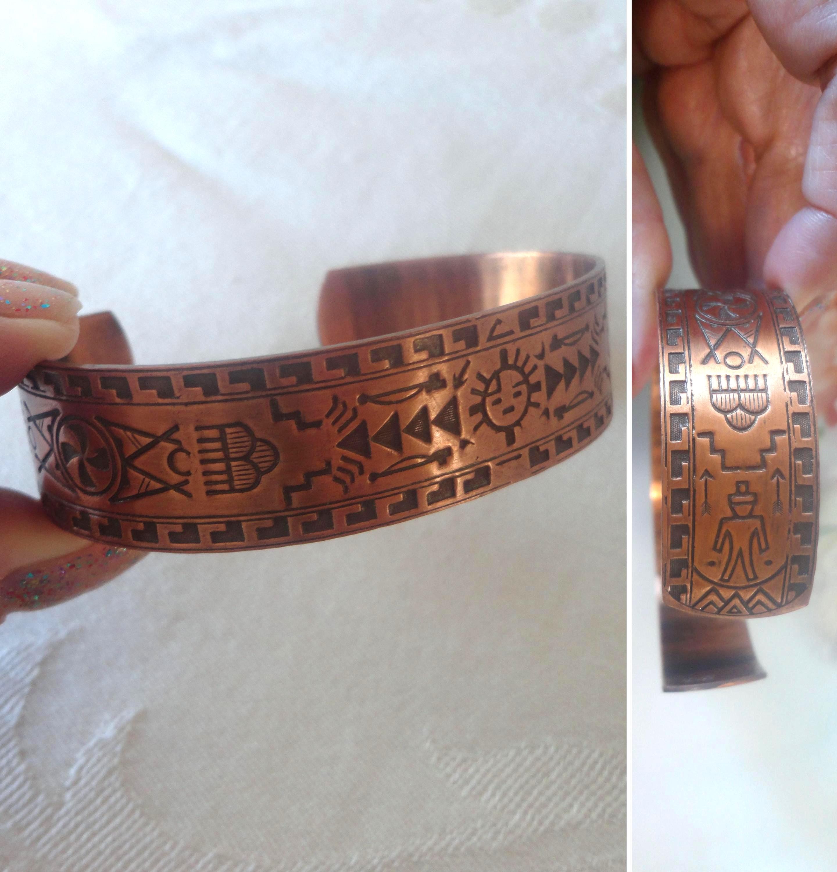 Vintage Native American Solid Copper Cuff Bracelet Detailed Traditional Designs Zuni Sunface-4 Ages-Rain Clouds-Teepee LARGE Size 8-3/8