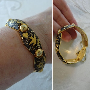 Bracelet vintage à maillons en panneau damas espagnol fabriqué à Tolède, en Espagne, 24 carats GP, chaîne de sécurité oiseaux et fleurs de la Renaissance pour petit poignet 6-3/4