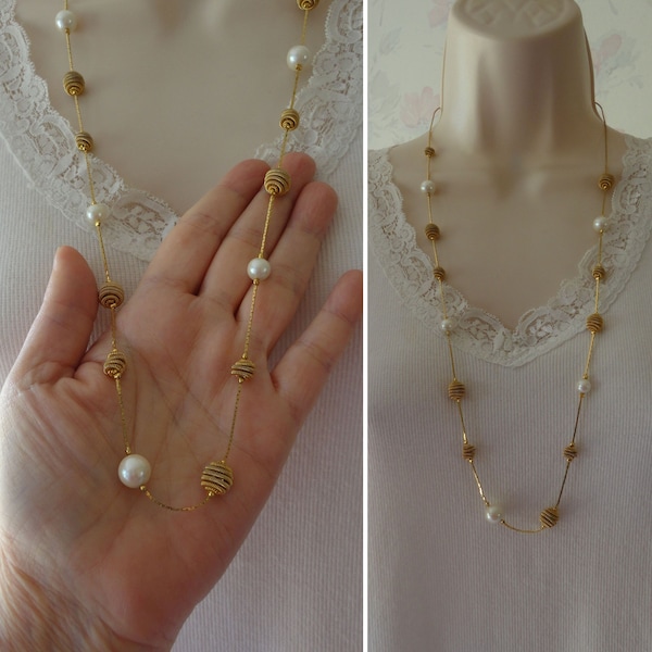 Vintage Trifari Coiled Mesh Cord Beads & Faux Pearl Necklace Gold Plated Metal Serpentine Chain Spiral Beads and Faux Pearls 30" L Estate