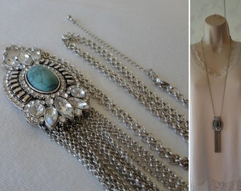 Vintage Crystal & Faux Turquoise Chain Dangles Pendant Necklace Silver Tone/Plated Metal Long Adjustable Chain Necklace 32" - 36"