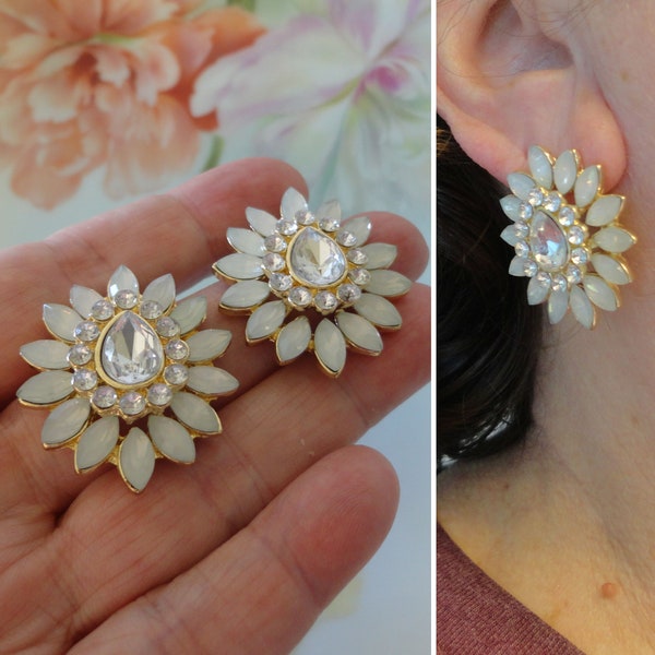 Crystal Pierced Earrings Sparkling Faceted Crystal Pierced Earrings Designer Look Gold Plated Metal Glitzy Glam Earrings