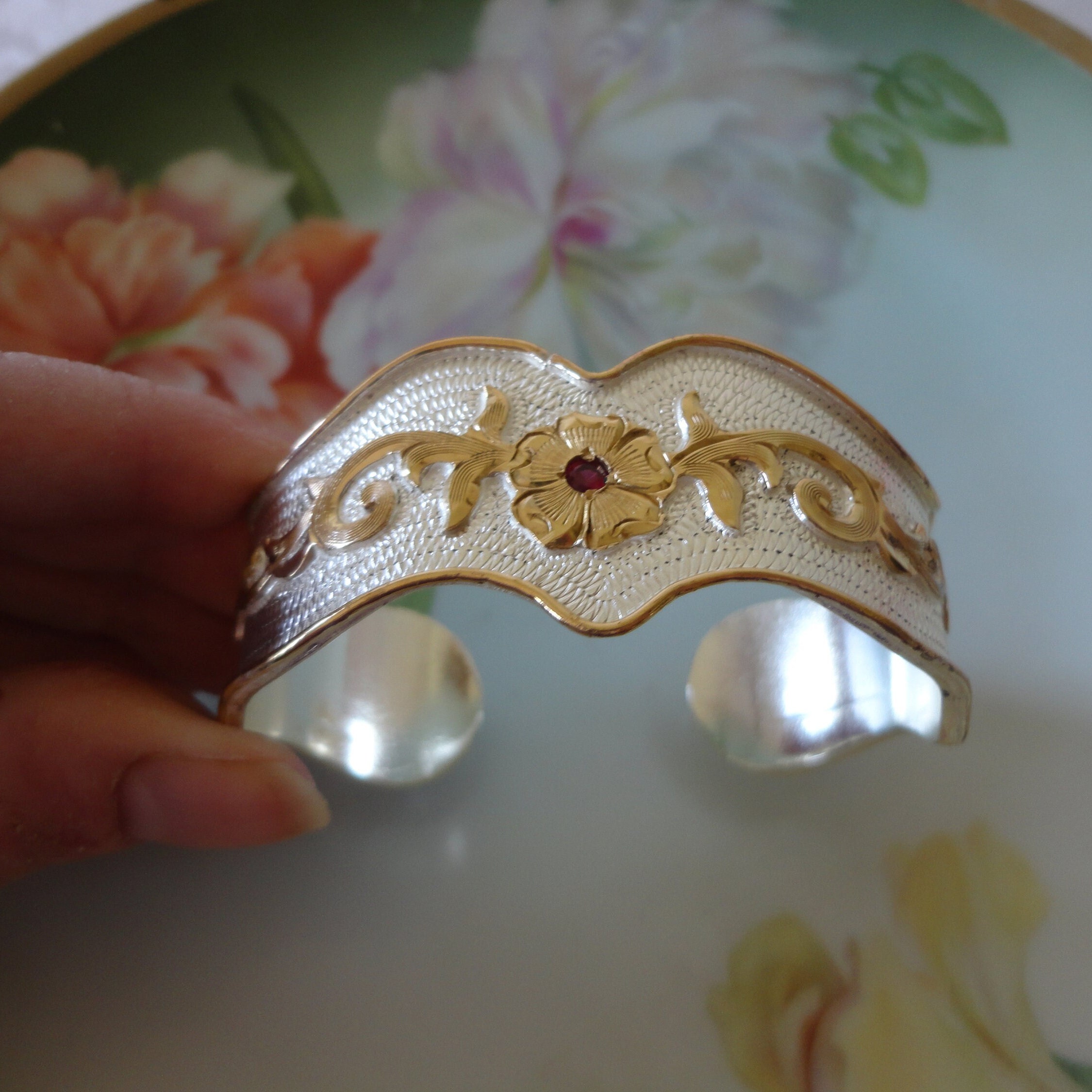 Rare Justin (boots) Silver Western Cuff Bracelet With Ruby