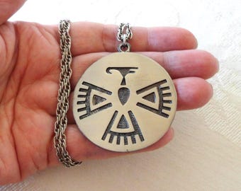 Vintage 1978 Florenta of California Pendant Necklace Native American Style Hopi Overlay Thunderbird Pendant Estate Jewelry