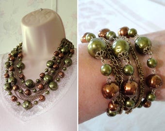 Vintage 1950s Beaded Necklace Bracelet SET Multi Strand Chains Olive & Bronze Copper Dimpled Lucite Beads Gold Tone Green Rhinestone Clasp