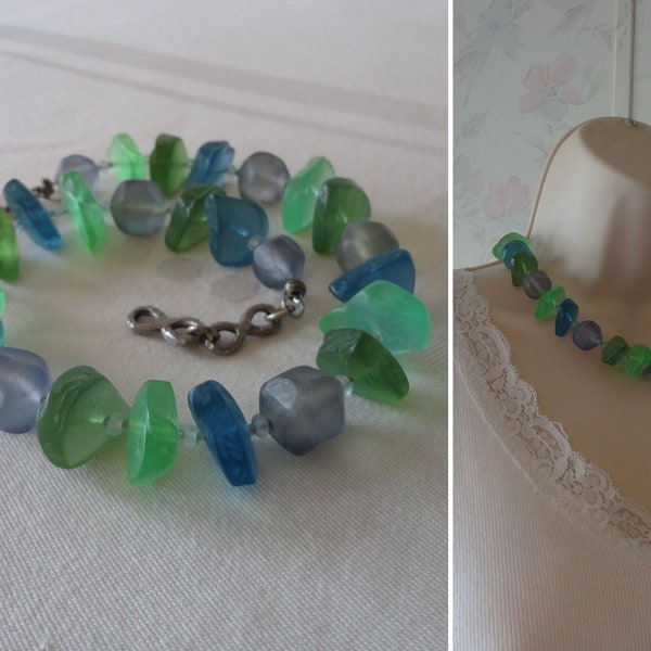 Vintage Shaune Bazner (Mei Fa Collection) Simulated Frosted Sea Glass Necklace Chunky Beachy Vibe Designer Signed Necklace Blues-Greens 18"