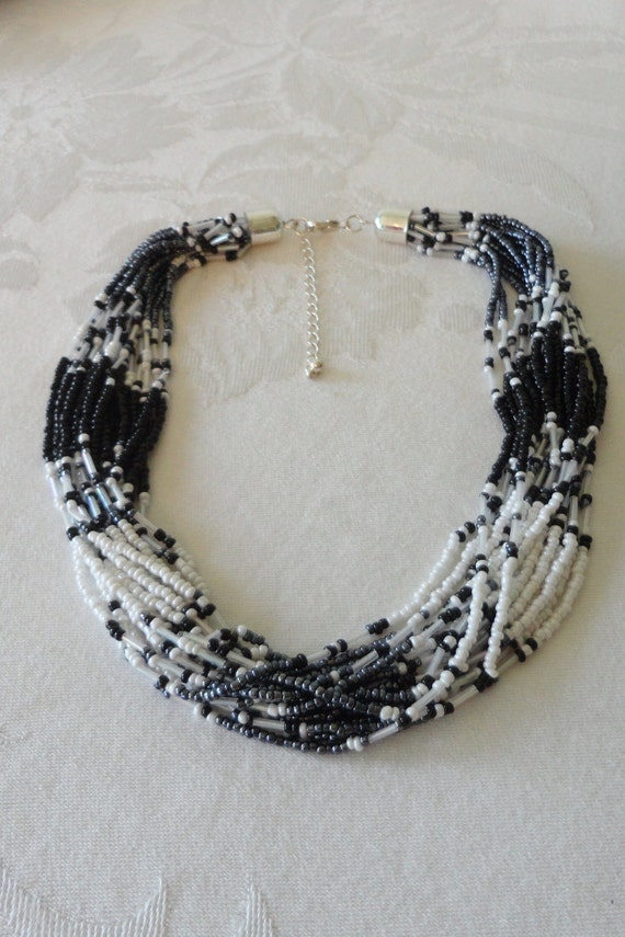 Multi Strand White & Gold Seed Bead With Glass Bugle Beads Necklace  Vintage.