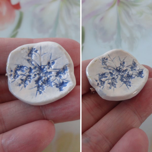 Vintage Artisan Blue Flowers Brooch Pin Sweet Handmade Glazed Ceramic Pin Indented Blue Flowers