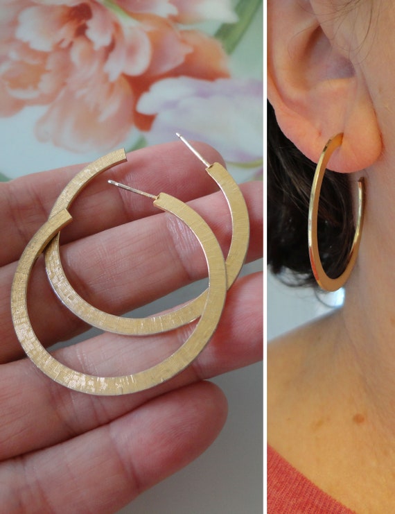 Vintage Thin Flat Hoop Earrings Gold Plated Florentine Textured Finish Large Size Pierced Hoop Earrings Estate Jewelry Etsy Canada