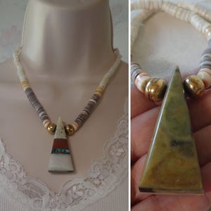 Vintage Southwestern Gemstone Inlay Pendant Shell Beaded Necklace Chunky Gemstone Triangle Tab Santo Domingo Style Brass Metal Barrel Clasp