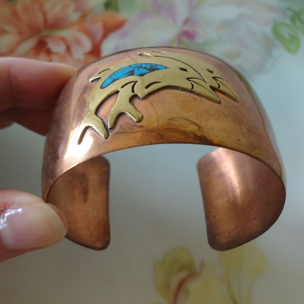 Vintage Cobre Mexico Copper Brass & Turquoise Wide Cuff Bracelet Turquoise Chip Inlay Dolphins Signed Mexico Cobre
