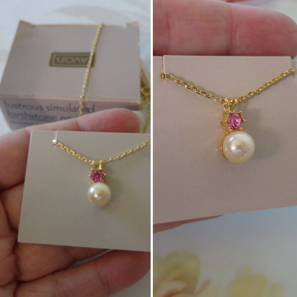 RARE Vintage Avon 1988 "Lustrous Simulated Birthstone" OCTOBER BIRTHDAY Simulated Rose Zircon Faux Pearl PendantNecklace Gold Tone Metal Box