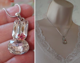 NOS Crystal Bunny Rabbit Pendant Necklace NEW Old Stock Shiny Silver Plated Metal Pink Crystal Flower Pendant 15-1/2" Slinky Snake Chain