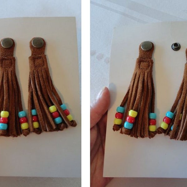 Southwestern Artisan Made Leather Beaded Fringe Snap On Attachment Adornment Pieces Soft Brown Suede Fringe Plastic Pony Beads 4.25" UNUSED