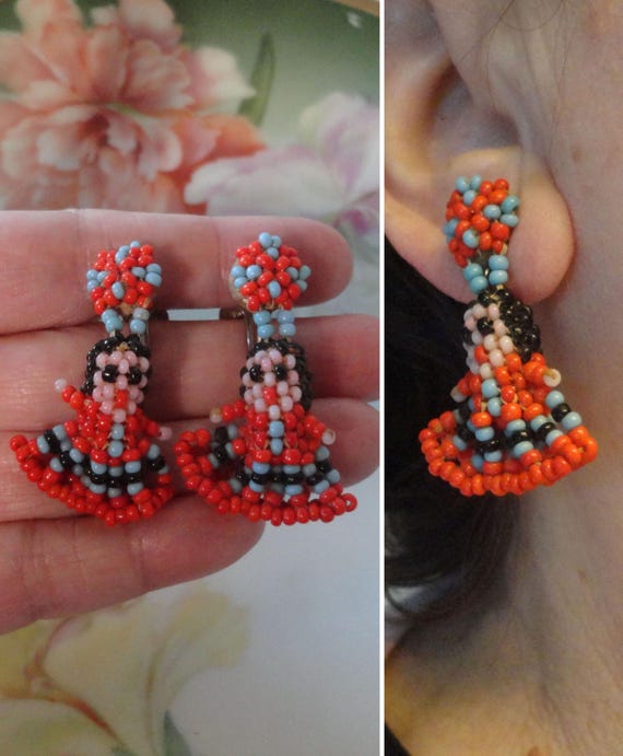 Old Native American Seed Bead Girl Doll Screw on Earrings Fred