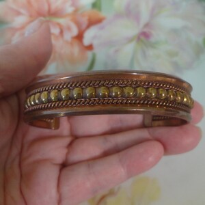 Vintage Solid Copper & Brass Cuff Bracelet Copper Cuff Bracelet Sturdy and Heavy-Brass Bead Center Design 31.6 Gr Estate Jewelry Size 7-1/2