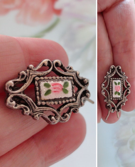 Vintage Guilloche Enamel Hair Barrette Sweet Rose… - image 1