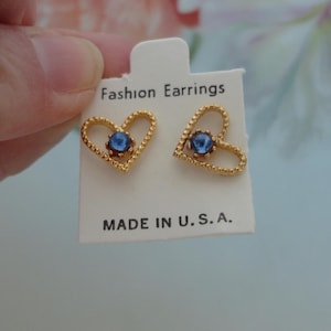 NOS Heart Stud Pierced Earrings New Old Stock Gold Plated Metal Textured Finish Little Blue Beads MADE In USA on Original Retail Card