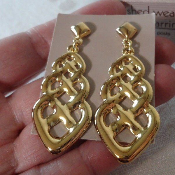 NOS Vintage Avon 1987 "Polished Weave" Pierced Earrings NEW Old Stock Braided Design Long Dangle Earrings Shiny Gold Plated Metal