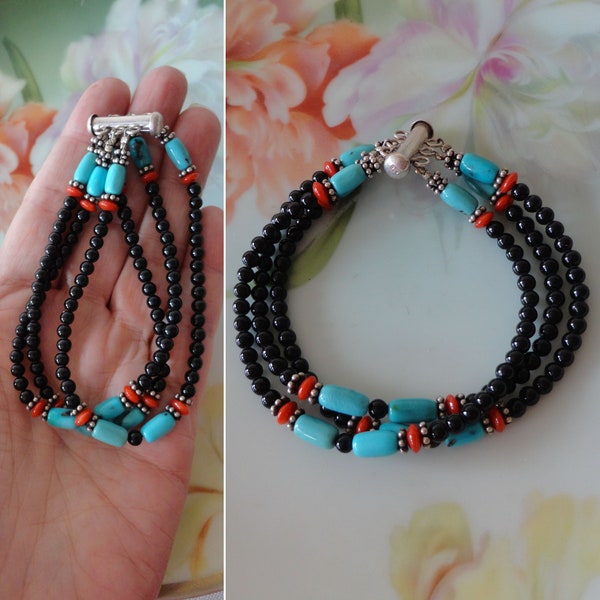 Vintage Persian Turquoise-Black Onyx & Coral Sterling Silver Beaded Bracelet Triple Strand Sterling Bali Spacer Beads Ornate Slide Clasp