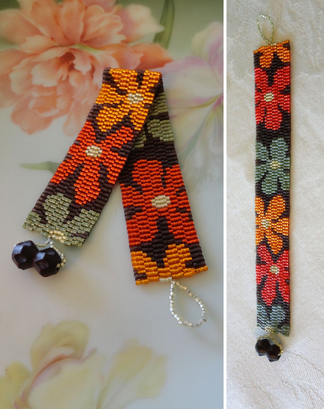 Vintage Seed Bead Strap Bracelet Groovy Shiny Metallic Flowers Matte Brown Beaded Background