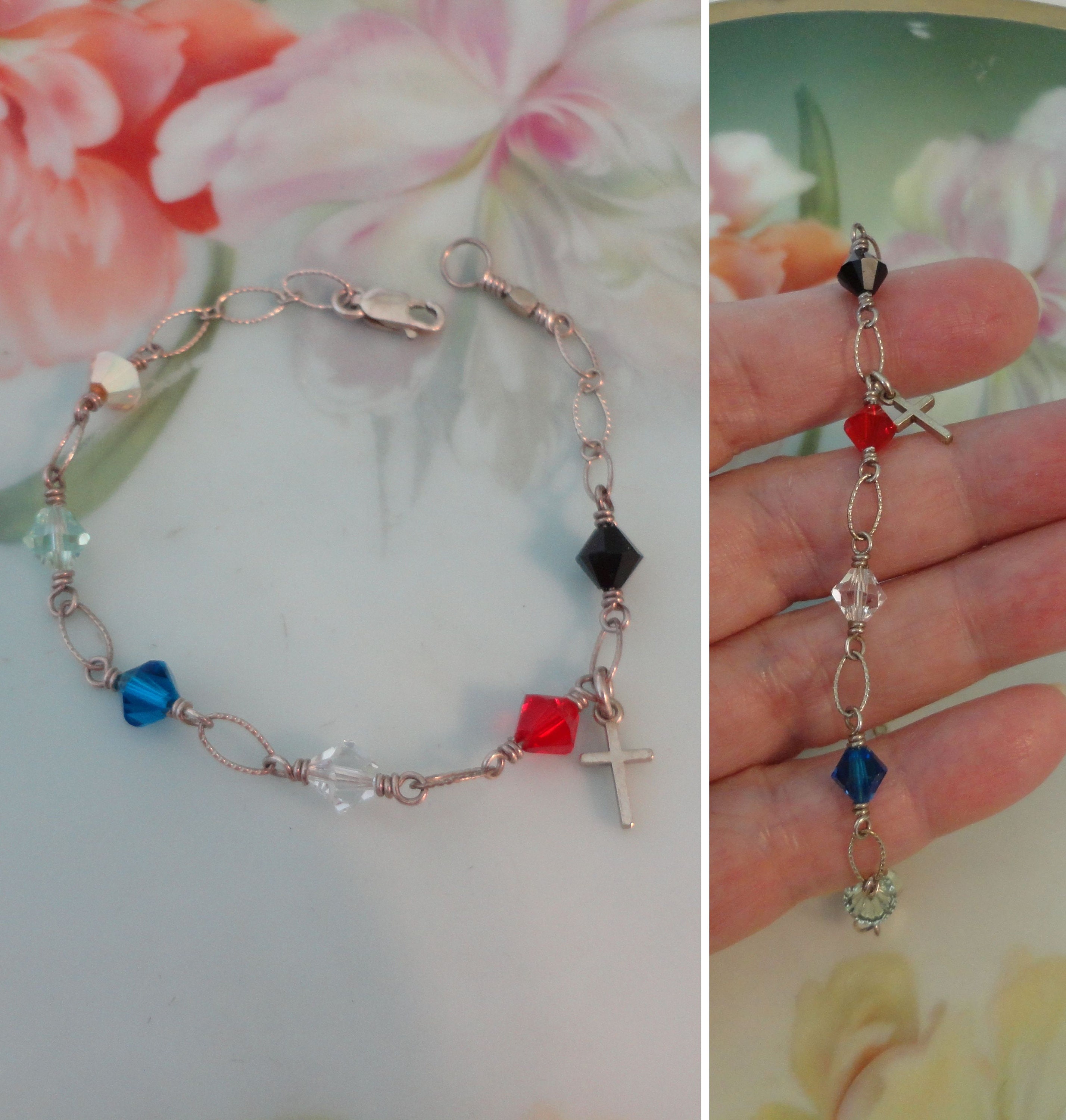 Vintage Sterling Silver Cross Crystal Bracelet Sterling