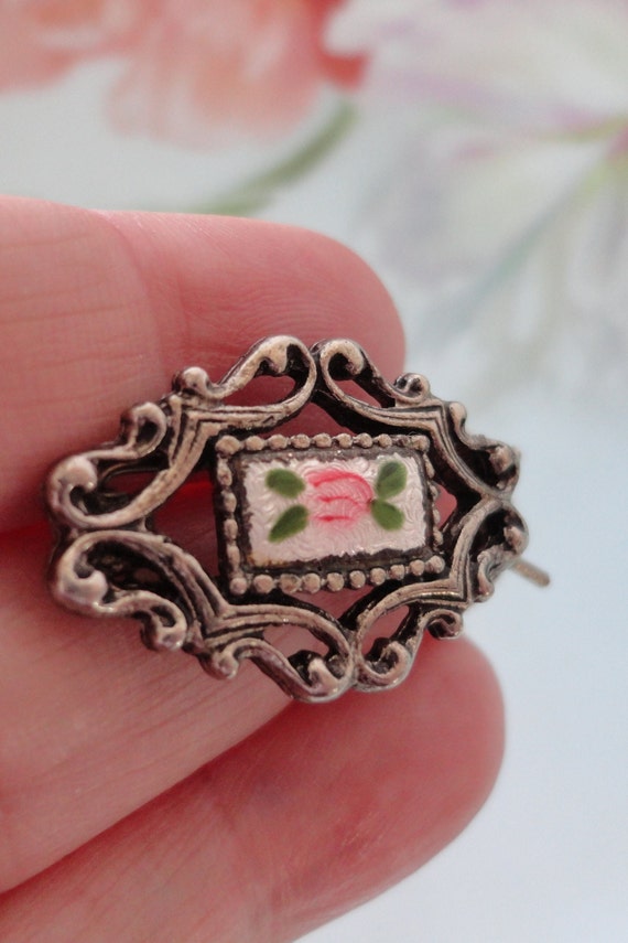 Vintage Guilloche Enamel Hair Barrette Sweet Rose… - image 4