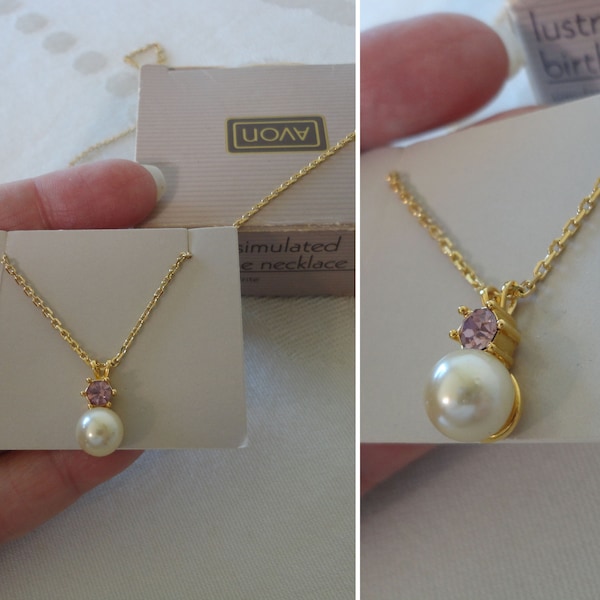 RARE Vintage Avon 1988 "Lustrous Simulated Birthstone" JUNE BIRTHDAY Simulated Alexandrite Faux Pearl Pendant Necklace Gold Plated Metal Box