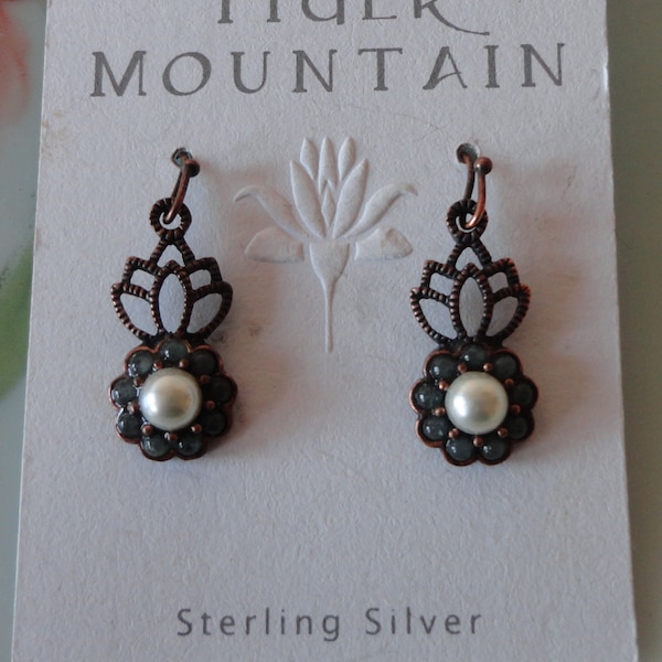 Vintage Tiger Mountain Sterling Silver Jade Faux Pearl Dangle Earrings Copper on Sterling Handcrafted in India New Old Stock CARDED