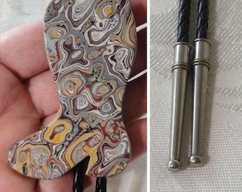 Rare Vintage FORDITE Detroit Agate Western BOOT Bolo Tie Genuine Fordite-Motor City Agate Automotive History Estate Find Black Cord Tie