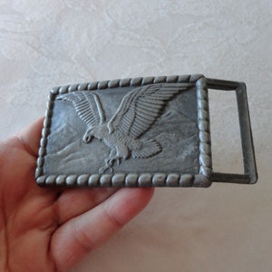 Vintage American Bald Eagle Belt Buckle Pewter Metal Eagle & Mountains Background Old Artisan Western Belt Buckle