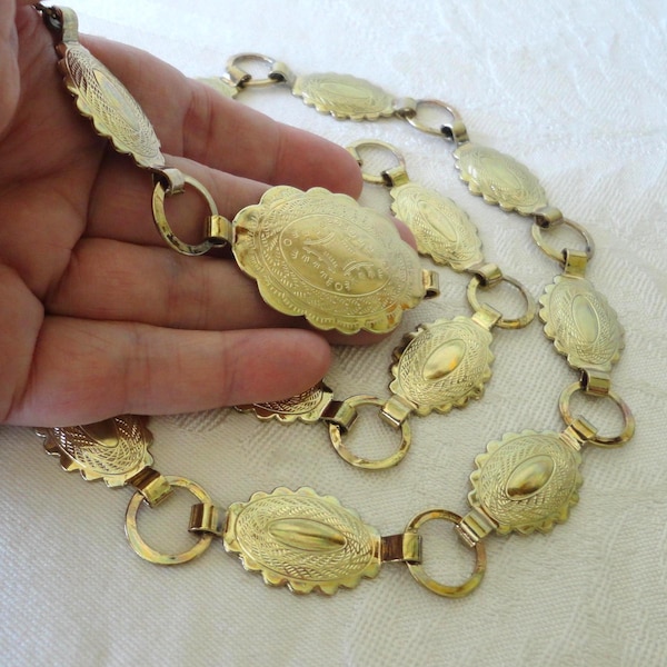 Vintage Concho Link Belt Embossed Gold Tone Metal Oval Shape Southwestern Style Embossing Bright & Shiny Pale Gold Color 36-1/2" End To End