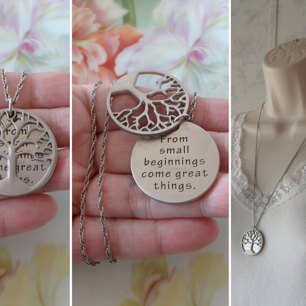 Vintage Cut-Out Tree of Life Pewter Pendant Engraved "From Small Beginnings Come Great Things" w/Tree of Life Design Overlay 24" Rope Chain