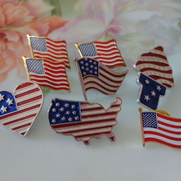 8 Patriotic Flag Print Lapel Tack Tac Pins NOS Silver & Gold Tone Metals Red White Blue Enamel Flags-USA Country Shape-Heart-Ice Cream Cone