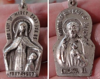 Vintage Italy Our Lady of Mercy 1962 Catholic Medal Pendant Mission of Our Lady Of Mercy Chicago IL Pray For Us Mary & Sacred Heart of Jesus