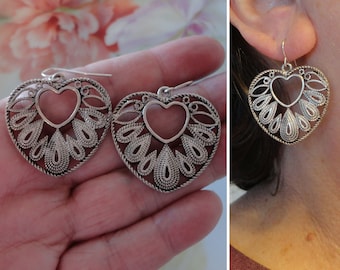 Vintage Drop Earrings Sterling Silver 925 Textured Heart Need