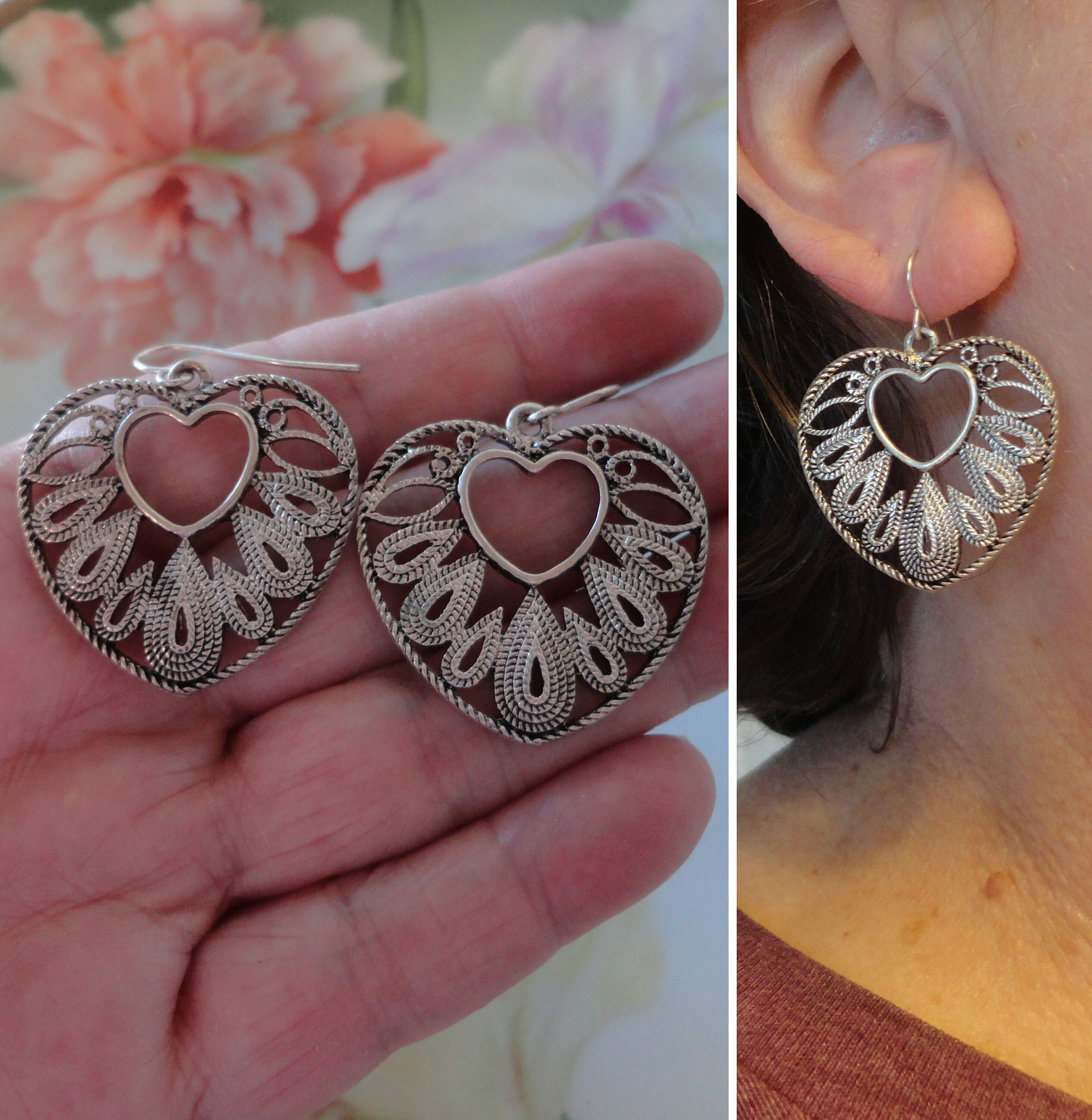 Vintage Heart Pierced Earrings Silver Plated Metal Heart