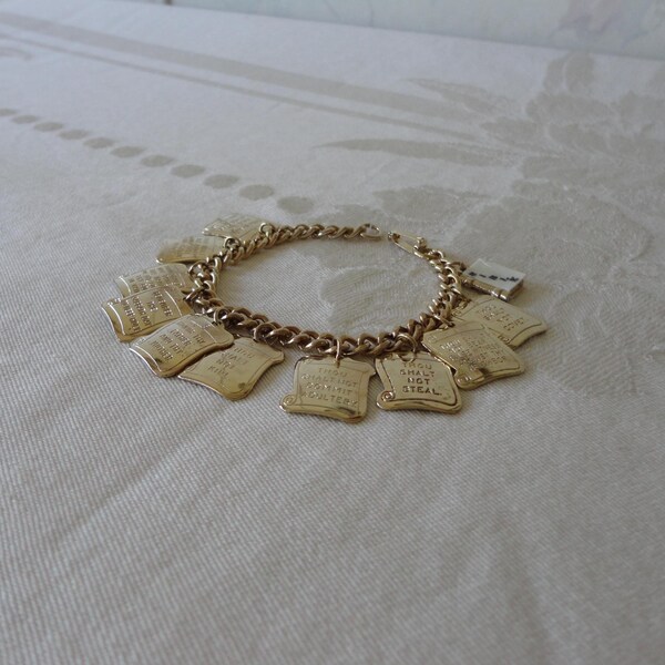 Vintage Ten Commandments Charm Bracelet Etched KJV Text on Scroll Design Charms & Bible Charm Shiny Gold Plated Metal Curb Link 7" Christian