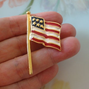 Vintage Enamel American Flag Brooch Pin Gold Plated Metal Red White & Blue Enamel Waving USA Patriotic Flag Pin 1-7/8" x 1" Estate Jewelry
