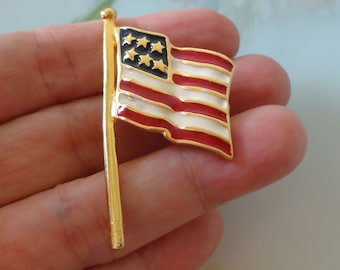 Vintage Enamel American Flag Brooch Pin Gold Plated Metal Red White & Blue Enamel Waving USA Patriotic Flag Pin 1-7/8" x 1" Estate Jewelry