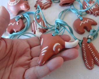 Artisan Hand Painted Terra Cotta Clay Southwestern Dangles on Satin Cord w/Loose Ends 71" Long SW Decor Turtle-Rabbit-Longhorn-Buffalo-Corn