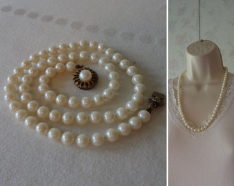 Vintage Hand Knotted Faux Pearl Necklace Ivory Faux Pearls 7.6mm Hand Knotted Brass Metal Pearl Decorative Hidden Clasp 24" Estate Jewelry