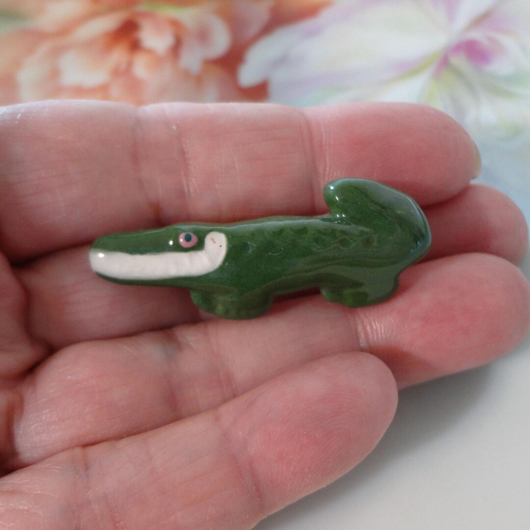 Vintage Porcelain Brooch Pin Artisan Alligator Crocodile Glazed Green ...