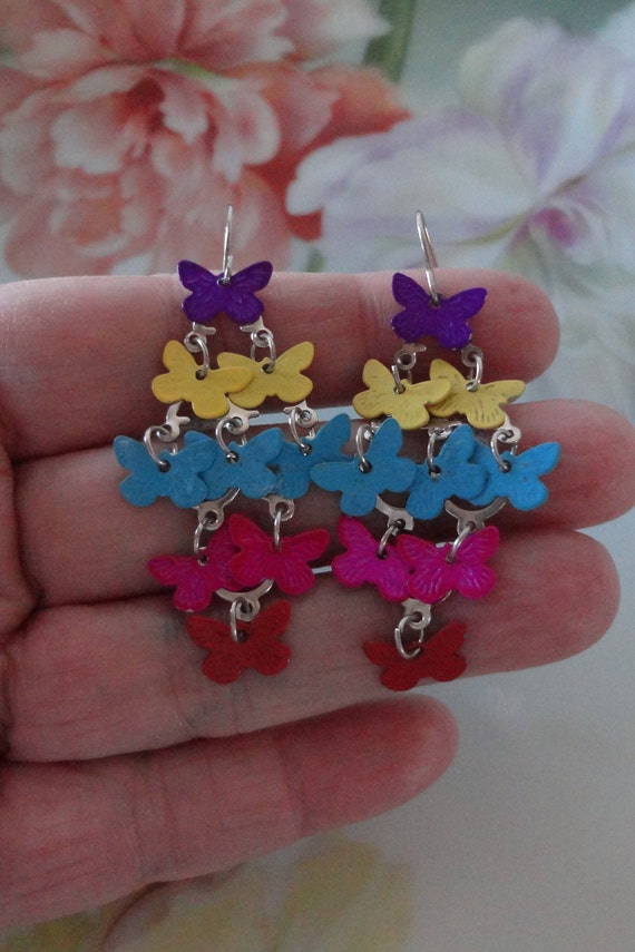 Vintage Butterfly Dangle Earrings Vibrant Colors … - image 3