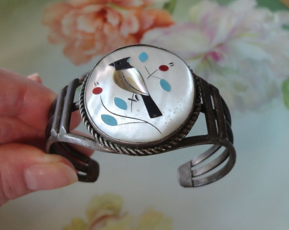 Marvelous Vintage Native American Zuni Turquoise & Mother Of Pearl Sterling Silver Bracelet Old Marvelous Vintage Native American Zuni Turquoise & Mother Of Pearl Sterling Silver Bracelet Old