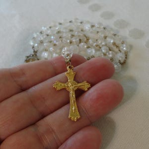 Vintage Catholic Rosary Plastic Rose Beads with Aurora Borealis Sheen Gold Tone Metal Catholic Faith Crucifix Cross Rosary Miraculous Mary