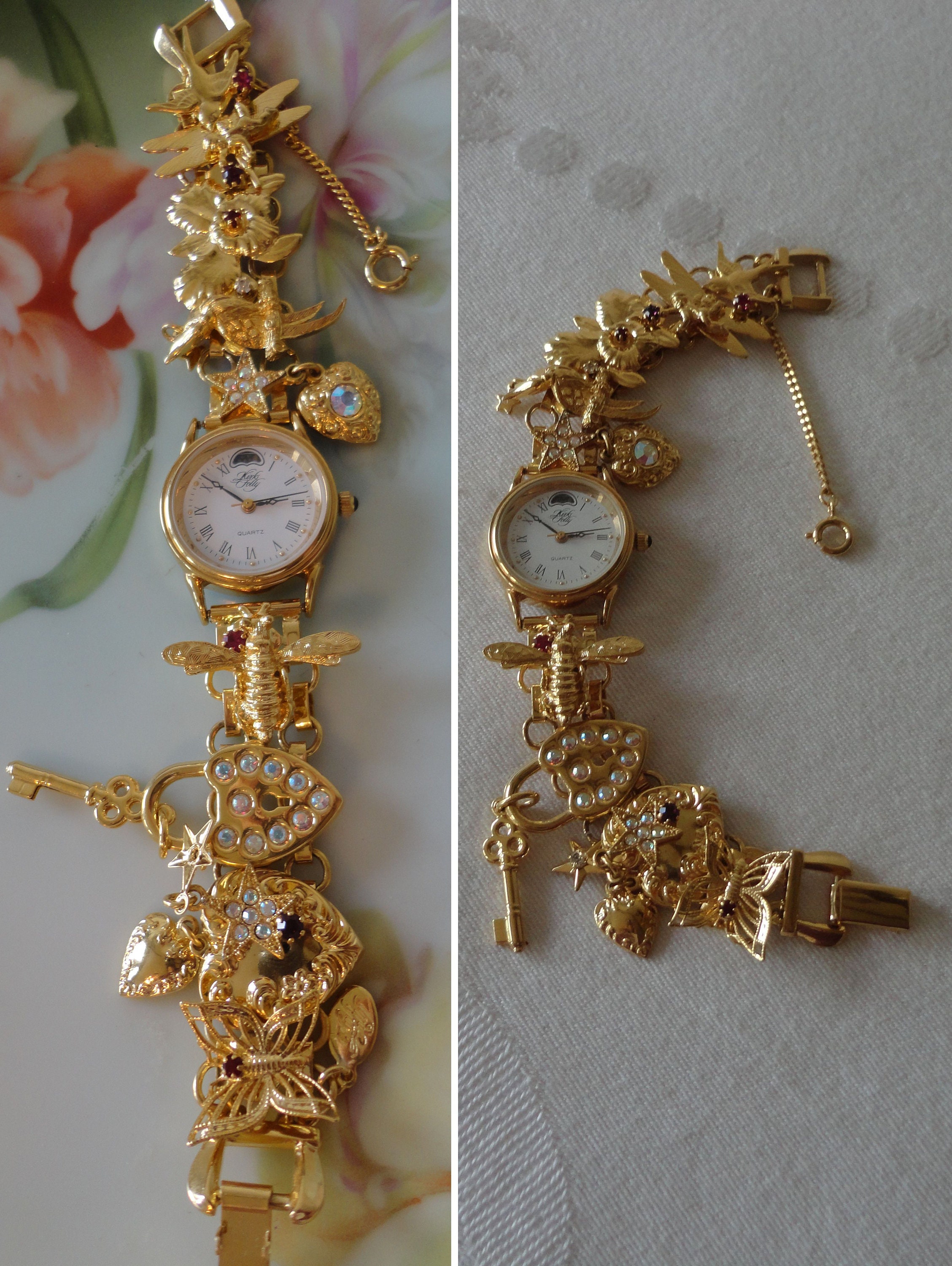 80s Kirks Folly Crystal Charms Moon Phase Gold Watch Bee  display picture 1