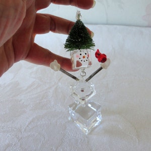 Vintage Clear Acrylic Ice Cube Snowman Dangle Christmas Ornament Graduated Cubes  Snowman With Bottle Brush Hat Holding Cardinal Dept. 56 