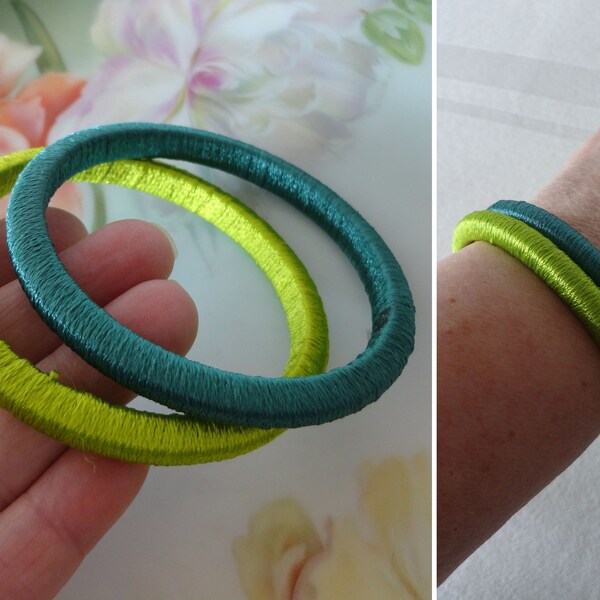 2 Vintage Thread Wrapped Bangle Bracelets Teal & Lime Green Silk Thread Wrapped Lightweight Bangle Bracelets