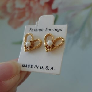 NOS Heart Stud Pierced Earrings New Old Stock Gold Plated Metal Textured Finish Little Faux Seed Pearls MADE In USA on Original Retail Card